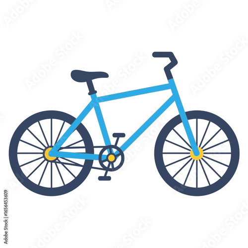 Blue bicycle with black wheels and seat on white background.
