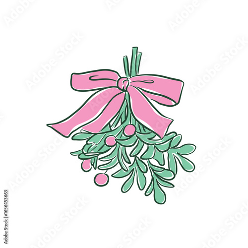 Hand drawn mistletoe and pink bow vetcor. Coquette bow clip art
