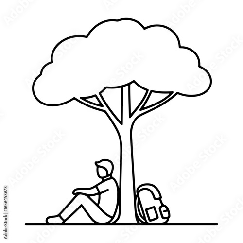 Relaxing in the shade of a tree: A traveler is resting with his bag in the shade of a tree, highlighting the themes of nature, travel, and peace of mind.