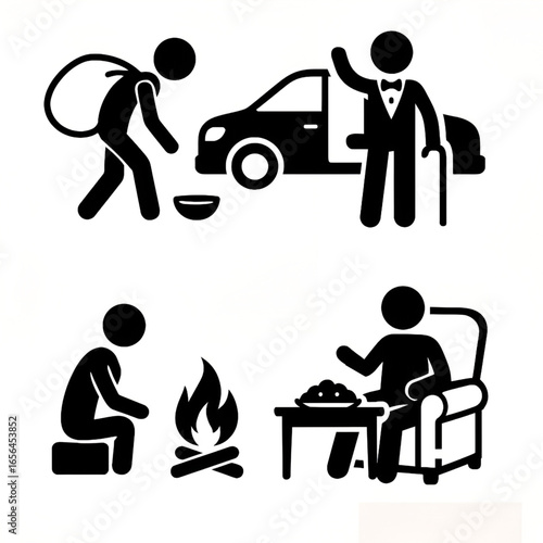 Illustration of poverty and wealth contrast with beggar homeless person and rich businessman lifestyle