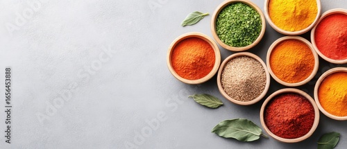 Assorted ground spices in wooden bowls. Different vibrant colors. Green leaves. Gray surface. Cooking ingredients. Top view. Preparation of food. Seasoning collection.