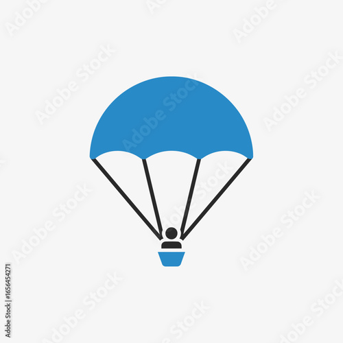 Blue parachute with a small capsule descending against a white background.