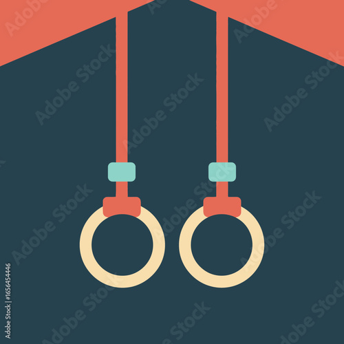 Gymnastics rings hang from red straps against a dark blue background.