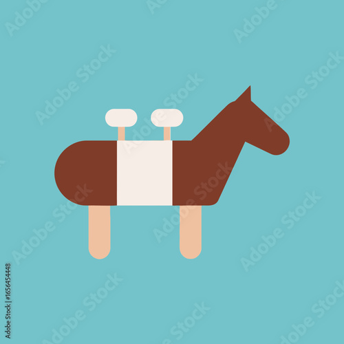 Stylized brown horse with saddle on blue background.