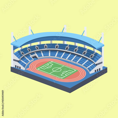 Isometric view of a sports stadium with a running track and field.