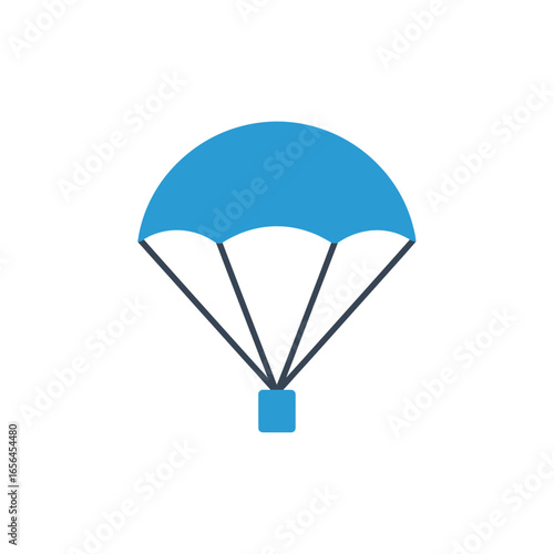 Blue parachute with a small box descending against white background.