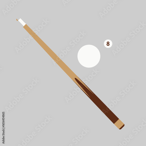 Billiard cue and balls on a plain gray background.