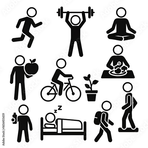Stick figure healthy lifestyle habits with exercise food cycling and meditation
