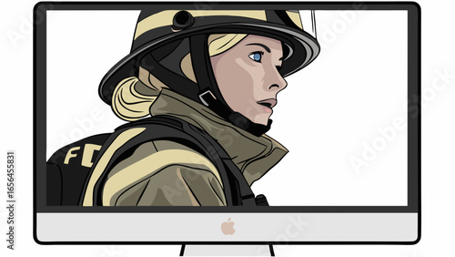 Profile of a Female Firefighter in Uniform and Helmet.