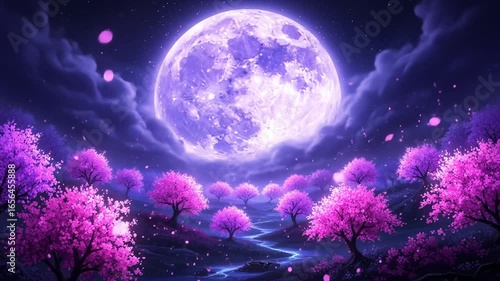 Nighttime Fantasy Landscape with Large Glowing Moon Pink Cherry Blossom Trees and River