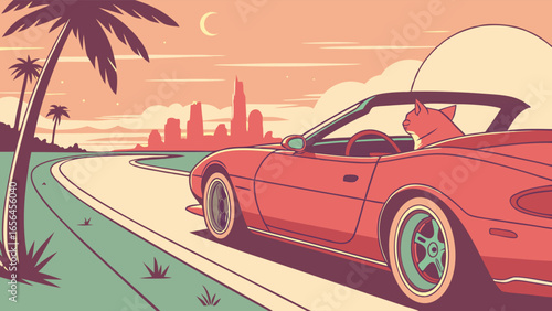 Red Convertible Car with Cat Driving on Road.