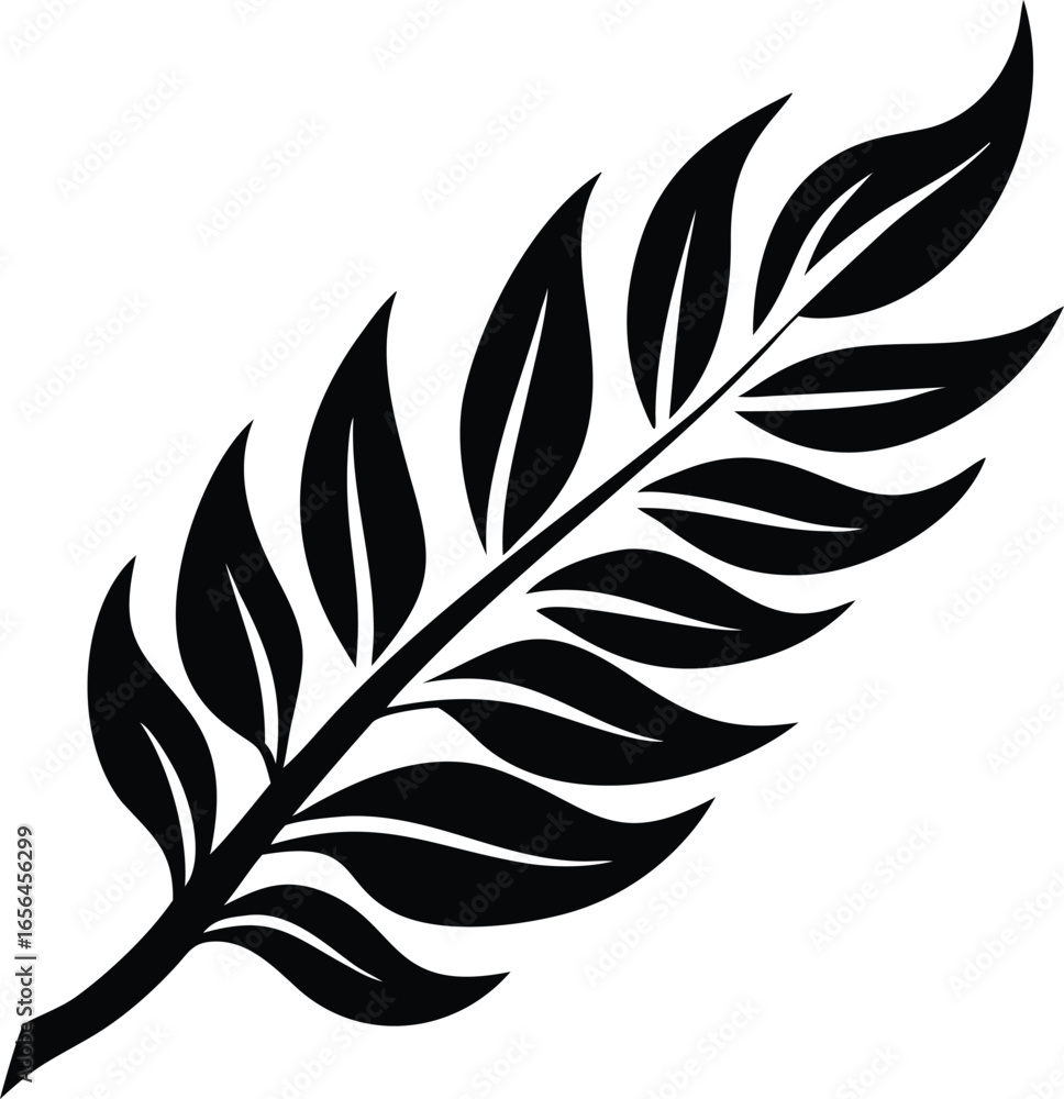 Fototapeta premium Stylized Black Silhouette of a Fern Frond with Multiple Leaves on a White Background