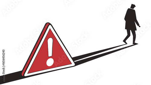 Red Warning Sign with Exclamation Point and Man Silhouette Walking.