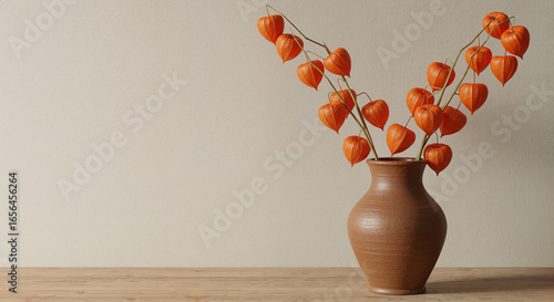 Minimalist still life of physalis branches in ceramic vase in warm autumn colors for seasonal interior decor with copy space
