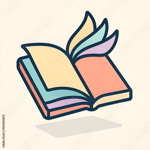 Colorful open book illustration with pastel fanned pages turning in motion