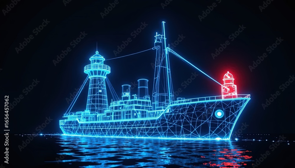 Fototapeta premium A digitally rendered ship, outlined in vibrant blue and red neon light, with a lighthouse on its bow, floating on dark waters.