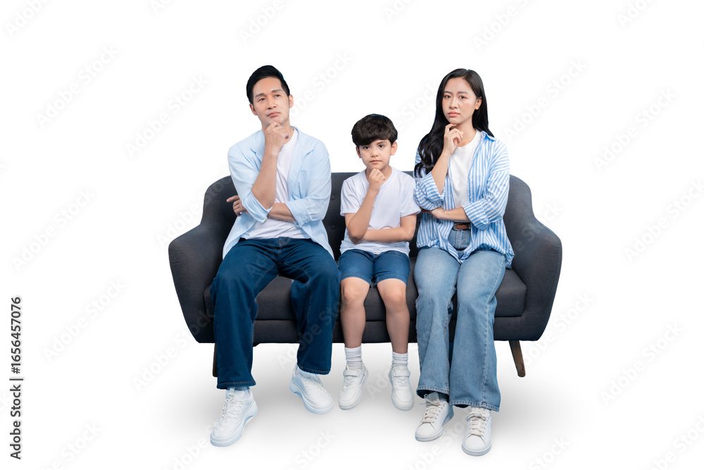 Obraz premium A thoughtful family sitting on a couch, each with a hand to their chin, deep in thought. The family poses thoughtfully on PNG 
