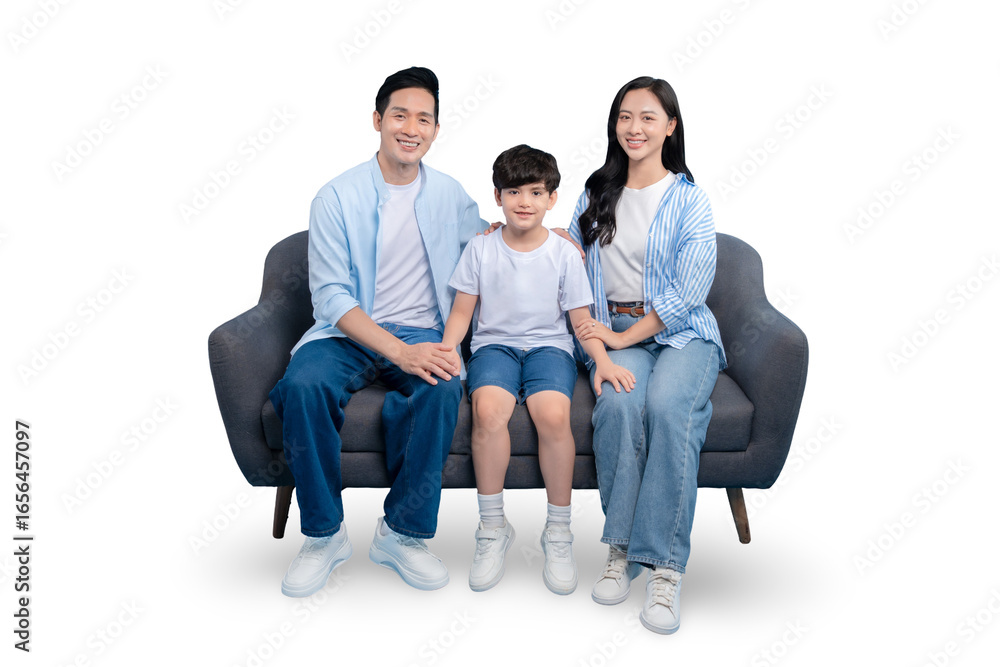 A happy family is sitting together on a modern couch in PNG A happy family is sitting together on a modern couch in PNG