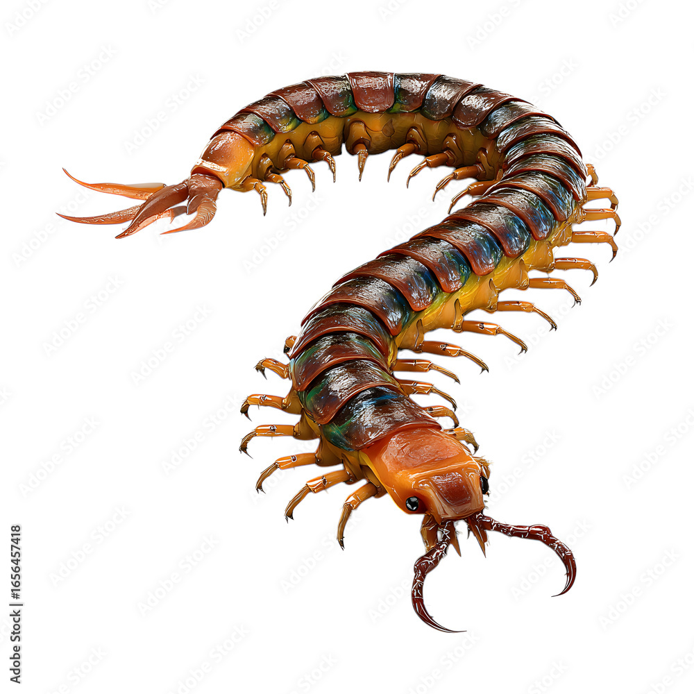 Fototapeta premium Giant Centipede: Multisegmented predator with venomous fangs, isolated on a transparent background. --v 7.0