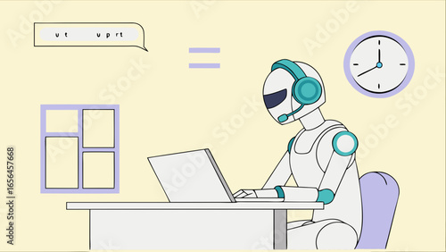 Robot Customer Support Agent Working on Laptop with Headset.