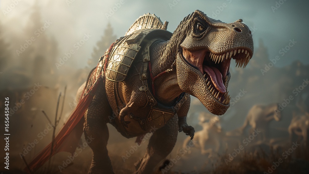 Obraz premium Charging armored T Rex through misty clearing, with metal armor plates, leather straps