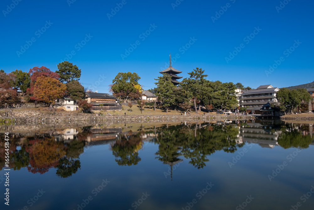 Obraz premium 奈良、奈良公園、紅葉、五重塔、歷史名勝、水、池塘、木、綠色、青空、秋、絶景、写真素材