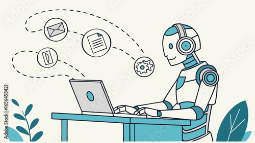 Robotic Assistant Working on a Laptop.