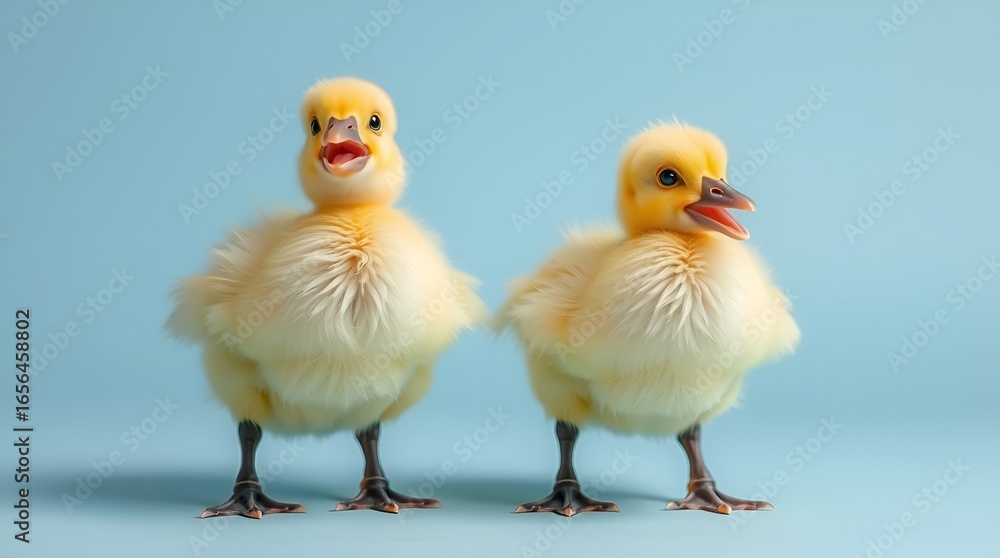 Fototapeta premium two bright yellow ducklings standing against a light blue background