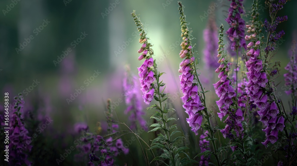 Obraz premium Majestic purple foxgloves in misty forest, showcasing vibrant blooms in soft light