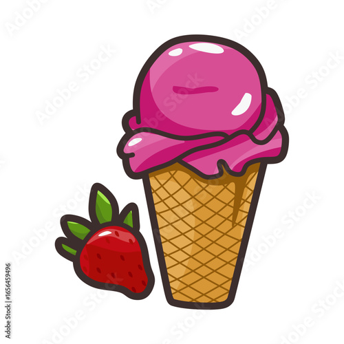 cartoon ice cream vector with strawberries on the side