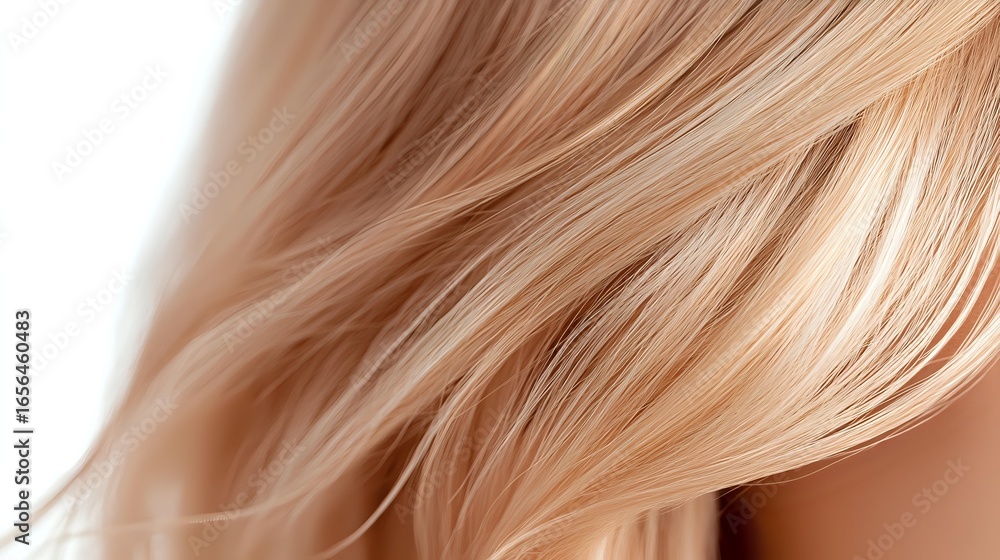 Naklejka premium Soft flowing blonde hair strands in gentle motion against light background, showcasing natural shine and smooth texture for beauty and haircare advertising.