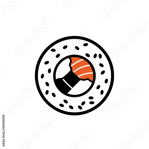 Sushi roll with salmon and rice on white background.