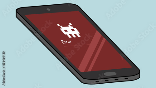 Smartphone with Error Message and Pixelated Alien Icon on Screen.