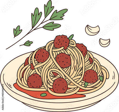 Illustration of a plate of spaghetti and meatballs with garlic and parsley