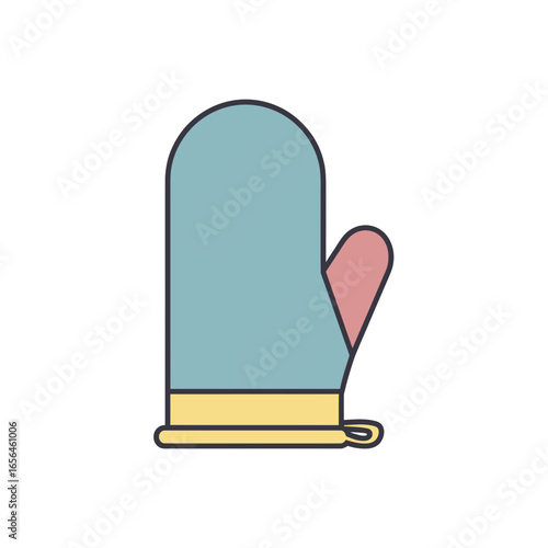 A light blue mitten with a pink thumb and yellow cuff.