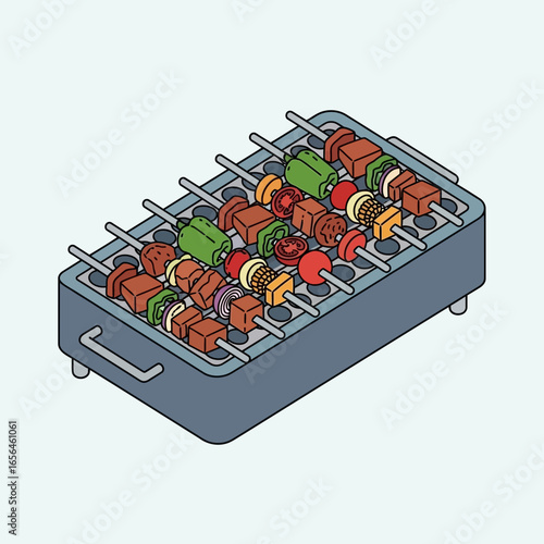Food cooking on a grill with skewers of meat and vegetables.