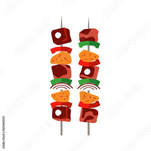 Two skewers of meat and vegetables on white background.