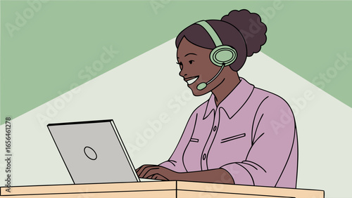 Smiling Black Woman Customer Service Agent with Headset and Laptop.