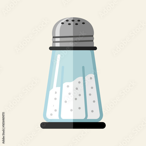 Glass salt shaker with metal lid filled with white crystals.