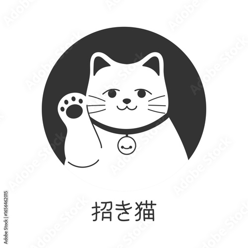 Monochrome hand drawn Maneki neko lucky cat icon. Symbol of wealth and luck. Vector illustration