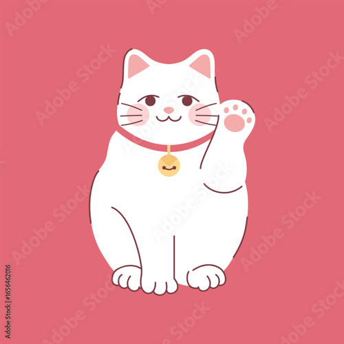 Hand drawn Maneki neko lucky cat with a raised paw. Symbol of wealth and luck. Vector illustration