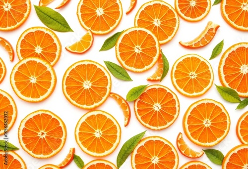 Vibrant seamless pattern of orange slices, segments, and peels on a white background, healthy, artwork