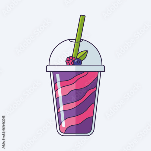 Colorful smoothie in a clear cup with a straw and garnish.