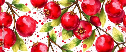 Vibrant watercolor cranberries bursting with juicy splashes, seamless repeat, background, bold