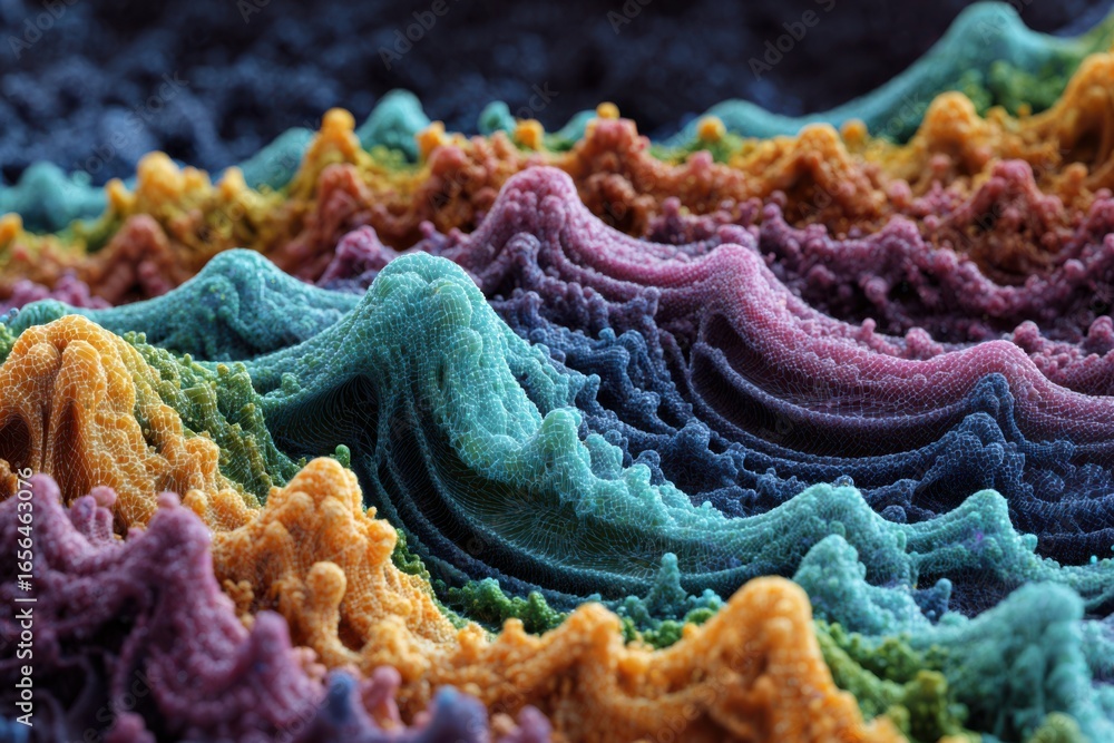 Fototapeta premium Vibrant Colorful 3D Wave Pattern Abstract Art in Tones of Blue, Green, Orange, Purple, Yellow, and Red for Backgrounds and Textures