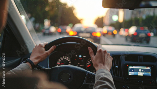 Point-of-view shot from inside a car navigating through heavy city traffic at sunset. Driver’s hands on the steering wheel, with warm evening light illuminating the urban streets, capturing a realisti