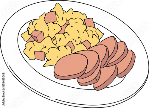Vector art of scrambled eggs and sliced sausage on a plate isolated on white background