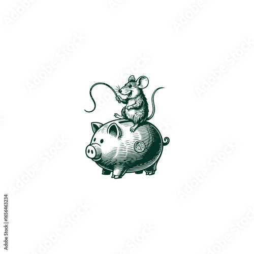 Engraving style black and white illustration of a mischievous mouse riding on top of a piggy bank, holding a whip like reins