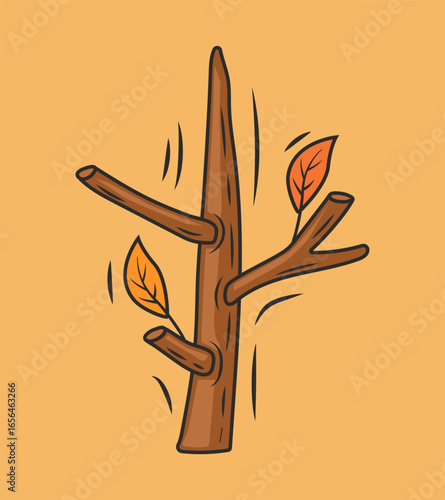 Tree branch with yellow leaves. Vector cartoon clip art isolated on yellow background.