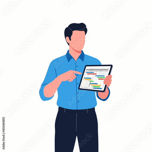 Project manager checking gantt chart on tablet  Minimal Flat Vector Illustration for business, teamwork, project management, templates, and brandless design